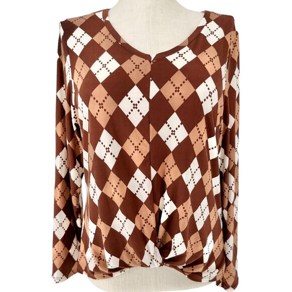 Inner Circle Blouse Womens XL Brown Argyle Print Soft Stretchy Long Sleeves - Picture 1 of 12